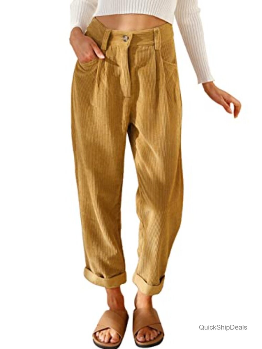 High Waisted Corduroy Pants Pockets Straight Leg